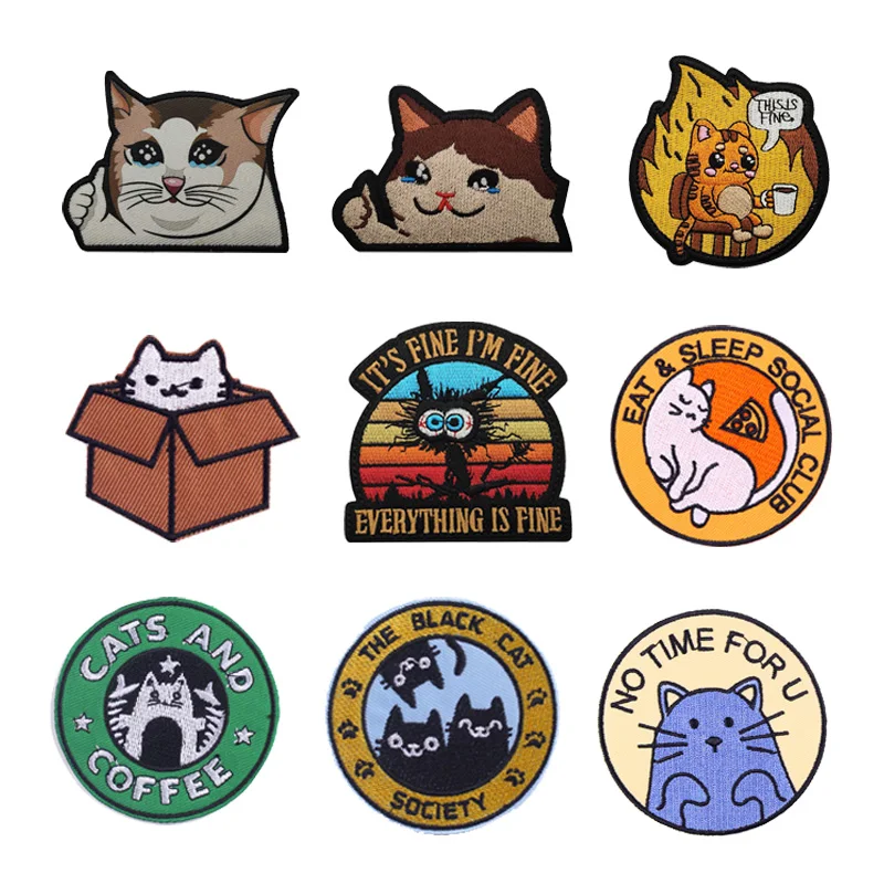 Outdoor Bag Accessories Animal Cat Series THIS IS FINE Coffee Anime Embroidery Box Badge Top Personality Creative Backpack Patch