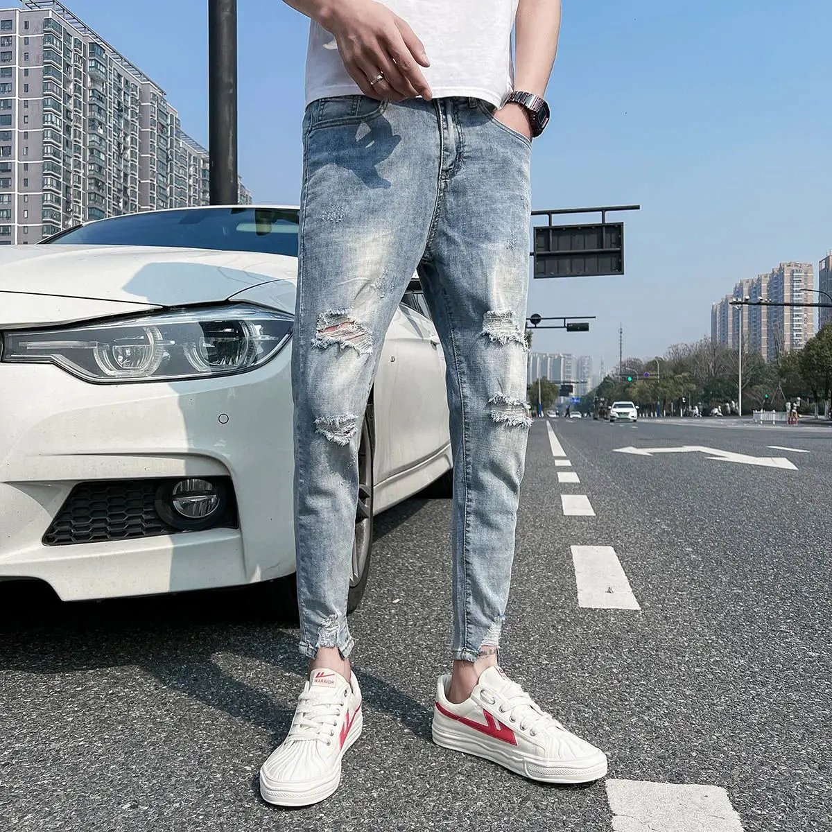 

Light Blue Fashion Jeans Washed Distressed Men's Ripped Pants 2025 Summer New Korean Clothing Slim-fitting Pants Jeans for Man