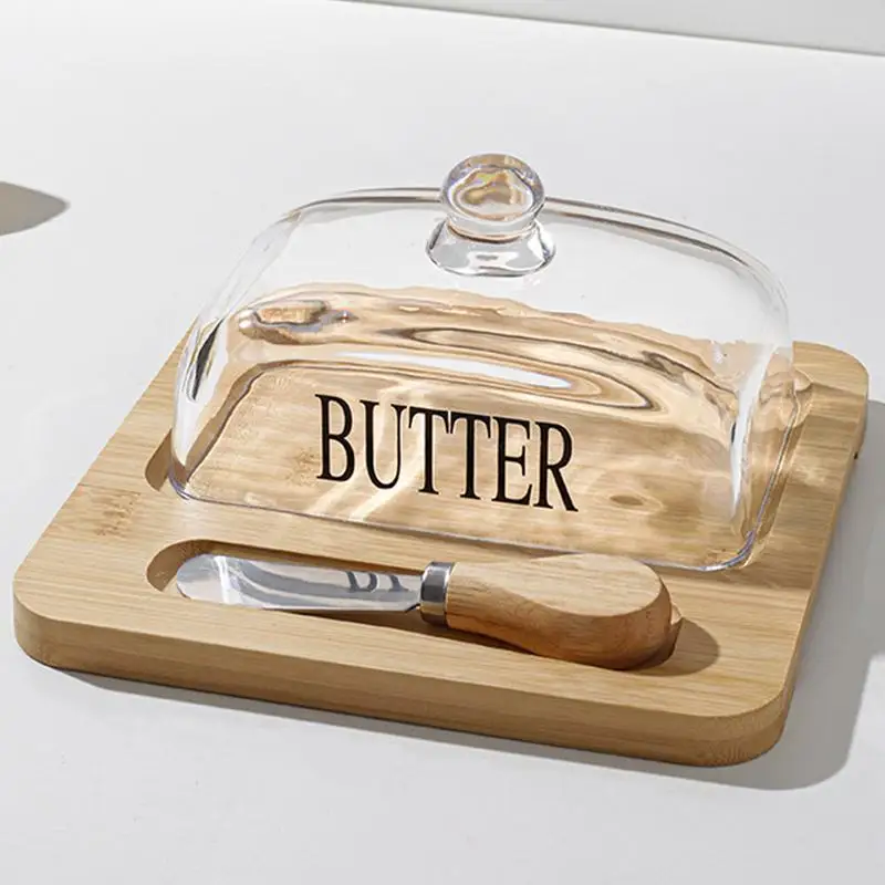 

simple Sealed Butter Box With Glass Cover Knife Plate Pastry Fruit Cake Dessert Display Tray Butter Container Kitchen Tools