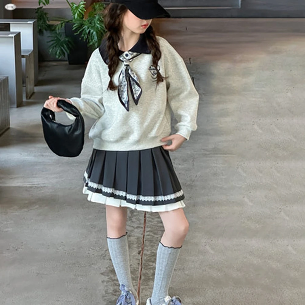 

Новая осенне-зимняя одежда для девочек, серая толстовка с капюшоном, футболка-поло с сердечком для подростков, детская или 1 шт., плиссированная юбка JK 4, 8, 9, 10, 11 12 лет