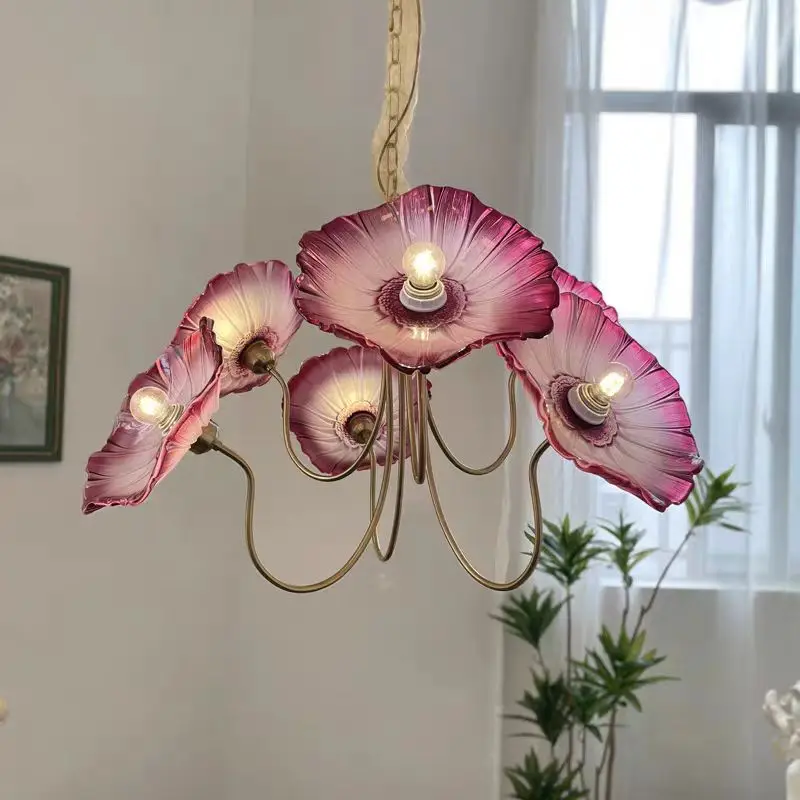 Modern Pink Flowers Chandelier Brass Metal LED Glass Ceiling Light Bedroom Luxury Medieval Lamp Home Decor Beside Hanging Light