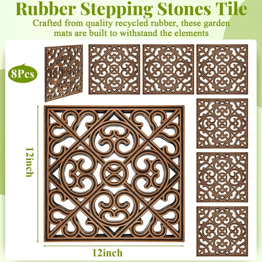 Pangda 8 Pcs 12 x 12 inch Stepping Stone for Garden Rubber Stepping Stone Tile Decorative Garden Mat Heavy Duty Tile for Outdoo