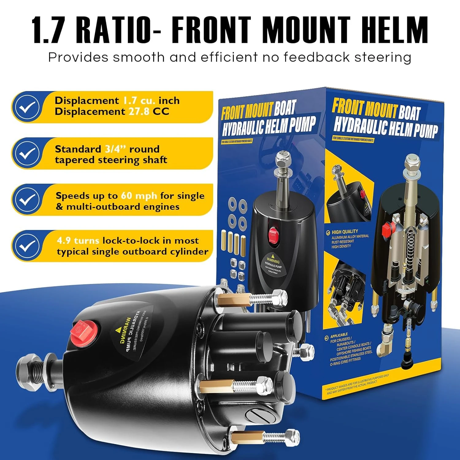 Outboard Hydraulic Steering Pump Helm, 1.7 cu in Front Mount Helm for Boats up to 300 HP, Replace Seastar Helm #HH5271-3