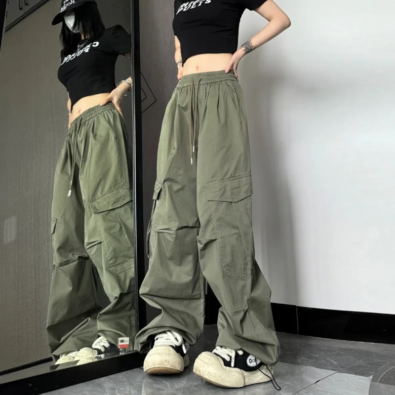 

Summer Cargo Pants Women's Elastic High Waist Drawstring Solid Spliced Pockets Loose Breathable Straight Hip Hop Casual Trousers