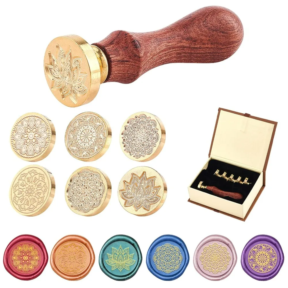 Flower Wax Seal Stamp 6pcs Yoga Sealing Wax Stamps Head with Wooden Handle Vintage Retro Classical Lotus Mandala Seal Wax Stamp