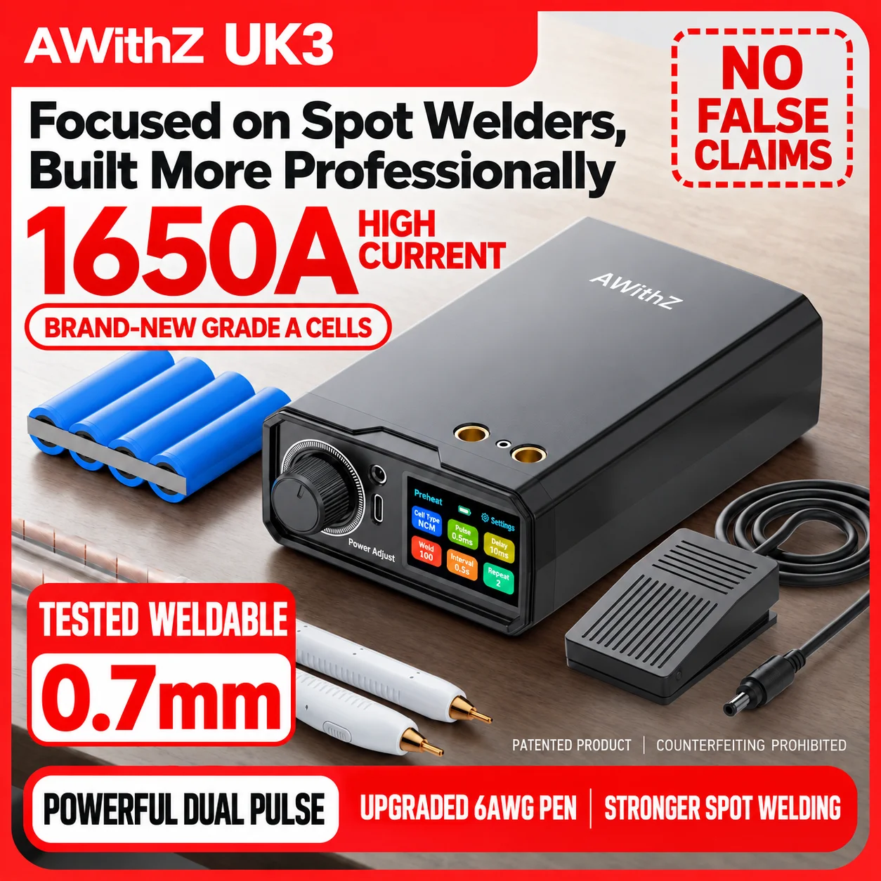AWithZ UK3 Battery Pack Spot Welder 10000mAh Portable 3-Mode Welding Machine for 18650 21700 Cells Nickel Strip DIY Assembly