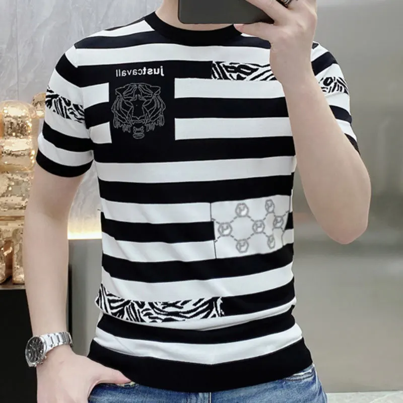 2023 Summer New European Tiger Head Print Round Neck Ice Silk Knitted Short Sleeve European Station Men's Casual Stripe Top