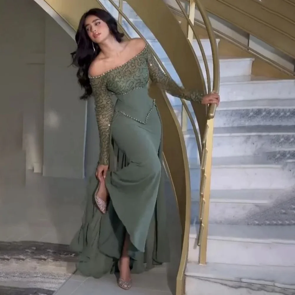 

Fashionable Romantic Beading Prom Dress Charming Long Sleeve evening dresses Floor Length Boat Neck Red Carpet Dress luxury 2025