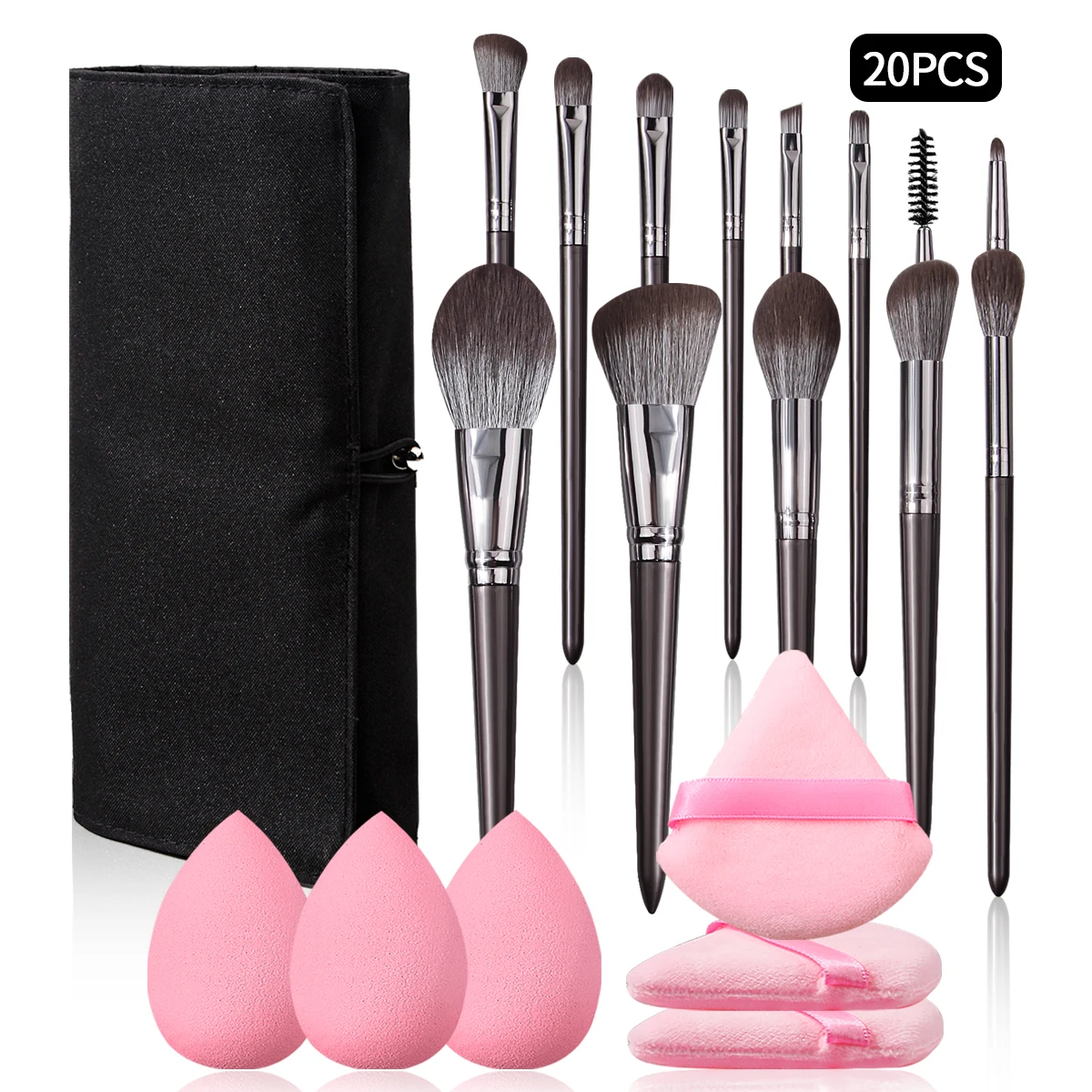 ชุดแปรงแต่งหน้าอเนกประสงค์ 20 ชิ้น & ฟองน้ำแต่งหน้าแบบนุ่ม แป้งพัฟทรงสามเหลี่ยม & กระเป๋าเก็บของแบบพับได้แบบพกพา