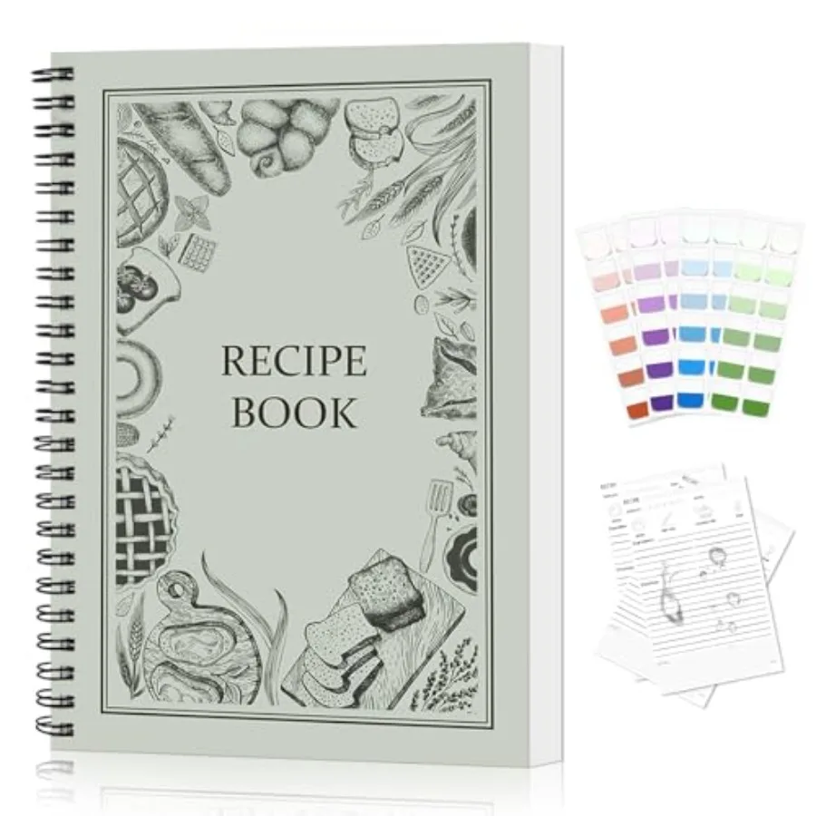 كتاب وصفات للكتابة في وصفاتك الخاصة، صفحات مقاومة للماء ومقاومة للتمزق، غلاف فني حلزوني، كتاب وصفات فارغ مع 48 علامة تبويب