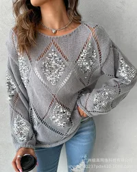 Women's Sweater Spring Fashion Hollow Out Contrast Sequin Casual Plain Round Neck Long Sleeve Daily Pullover Knit Sweater