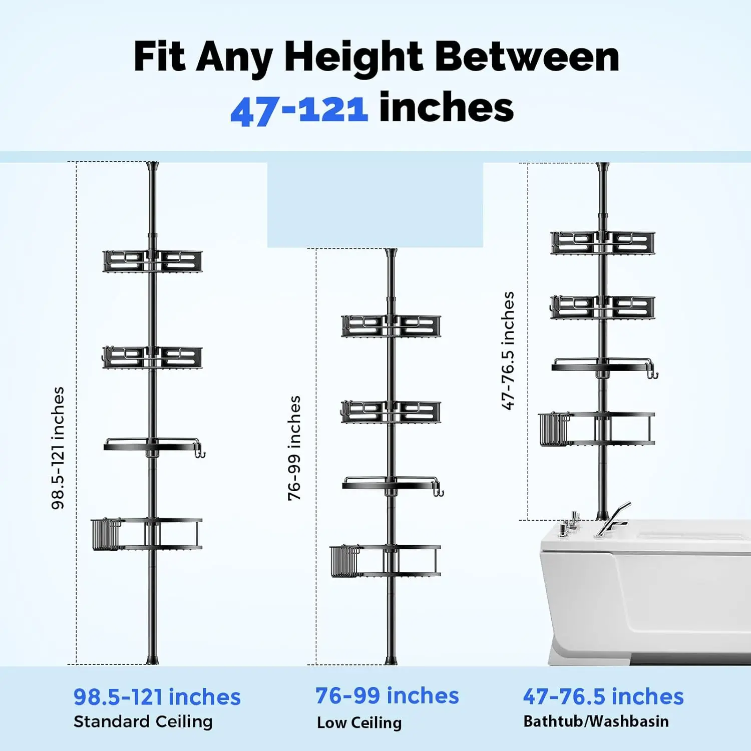itor Corner Shower Caddy Tension Pole: Quick Installation 4-Tier Rustproof Bathroom Organizer Shelves For Bathtub Shampoo