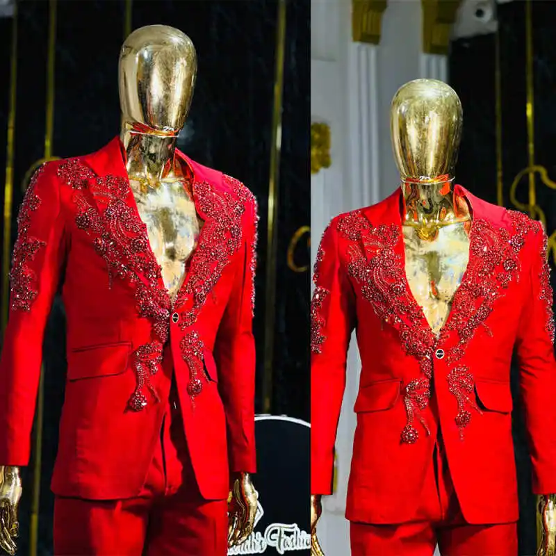 

Shining Men Suits 2 Pieces Blazer Pants Regular Fit Peaked Lapel One Button Applique Beading Evening Party Groom Custom