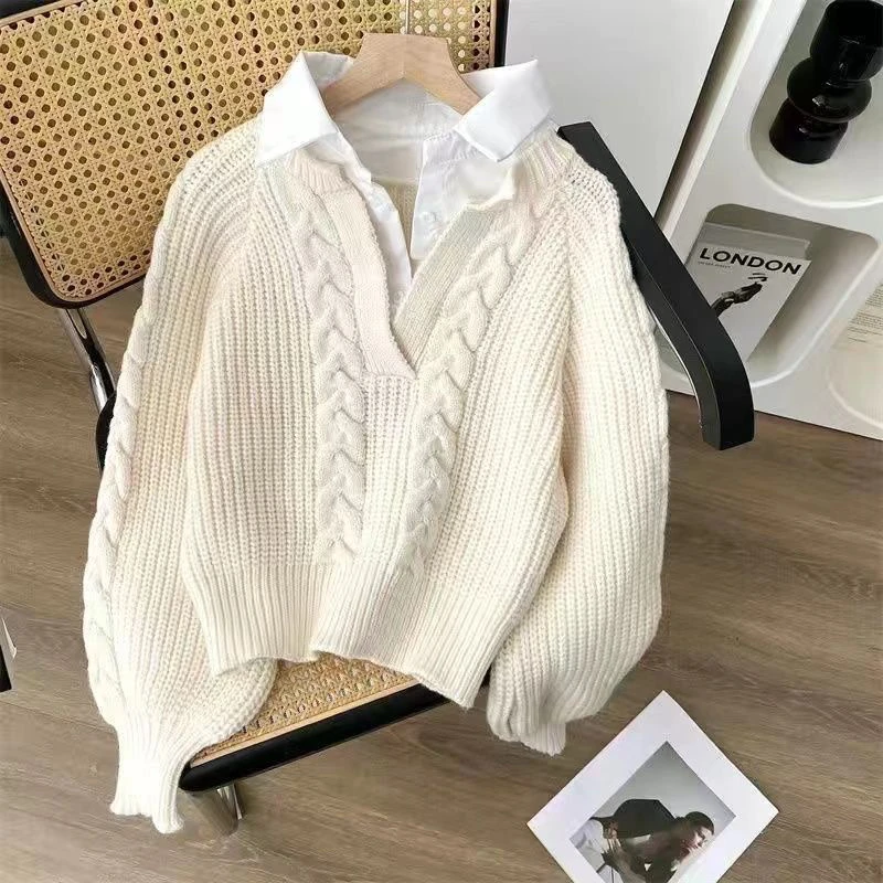

Ladies Autumn Winter Collar Twist Knitted Sweater Fake Two-Piece Lazy Sle Retro Design Casual ort Sve Top