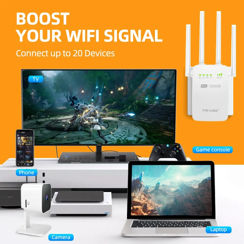 PIX-LINK AC05 1200Mbps موسع واي فاي لاسلكي واي فاي مكرر/جهاز توجيه ثنائي النطاق 2.4 & 5.8Ghz 4 واي فاي هوائي طويل المدى إشارة مكبر للصوت