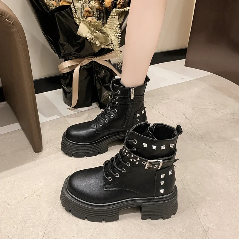 Women\'s Rubber Boots Footwear Zipper Rain Ankle 2024 New Lolita Autumn Women\'s Rock Solid Color Roman Basic Style Zapatos