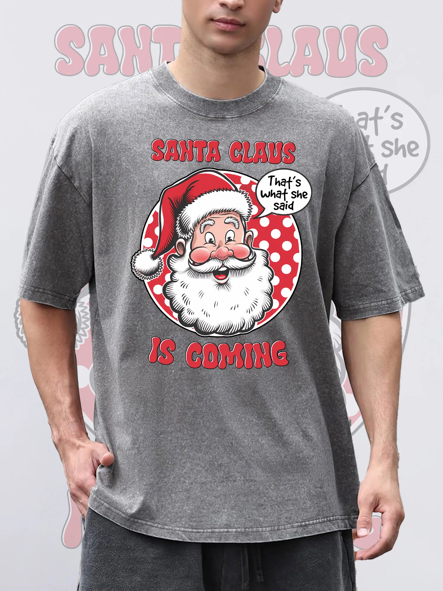 

Men's T-Shirts SAHTA CLEUS Printed Grey Short-Sleeve Crew Neck Loose Summer 100% Cotton Acid Washed Christmas Theme T-Shirt