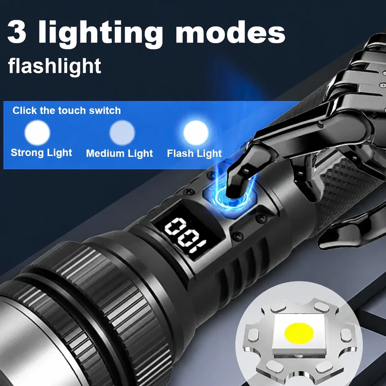 Super Bright LED Flashlight Rechargeable Zoomable Digital Display Tactical Light Waterproof Camping Outdoor Handheld Spotlight