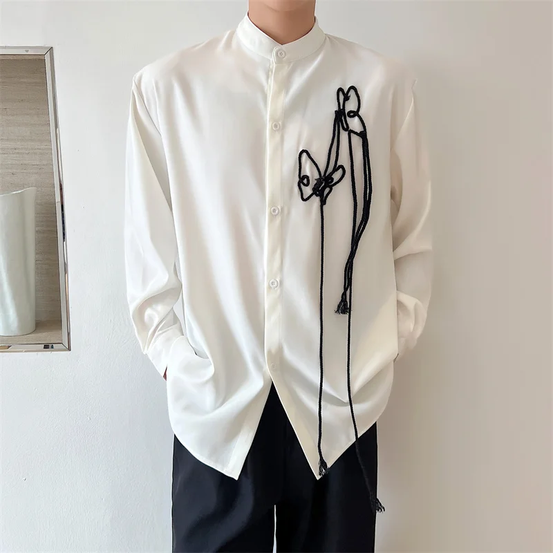 

Новая китайская мужская рубашка с длинным рукавом, белым воротником, ручной вышивкой, повседневная модная весенняя одежда