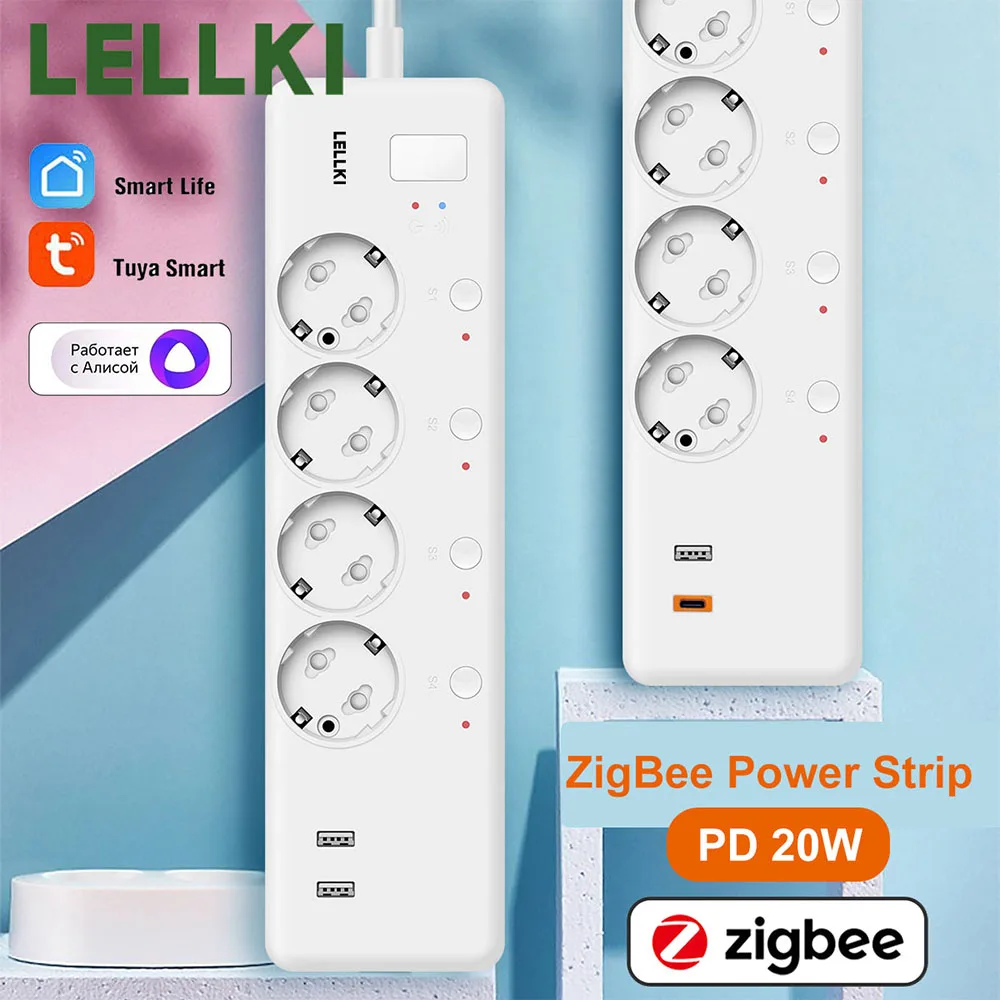 

LELLKI ZigBee EU Power Strip Electricity PD20W Type-C Socket Multi-Plug 220V 16A Outlet Tuya Smart Timer Alexa Yandex Alice 1.8M