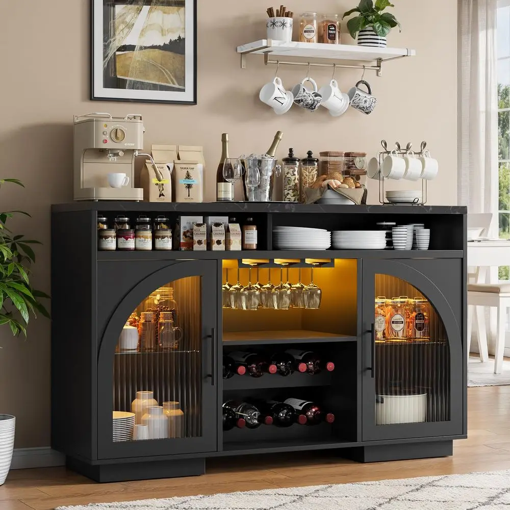 

Bar Cabinet 54, Black Coffee Bar Cabinet with LED Lights, Arched Glass Doors, Wine Rack, Adjustable Shelves, Sideboard Buffet C