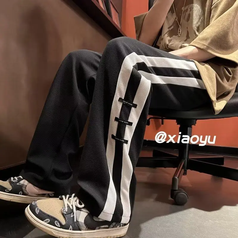 

High Street Trendy Brand Pants Men's Design Feeling Niche Waffle Spliced Label Loose Straight Wide Legs Sports Leisure Pants
