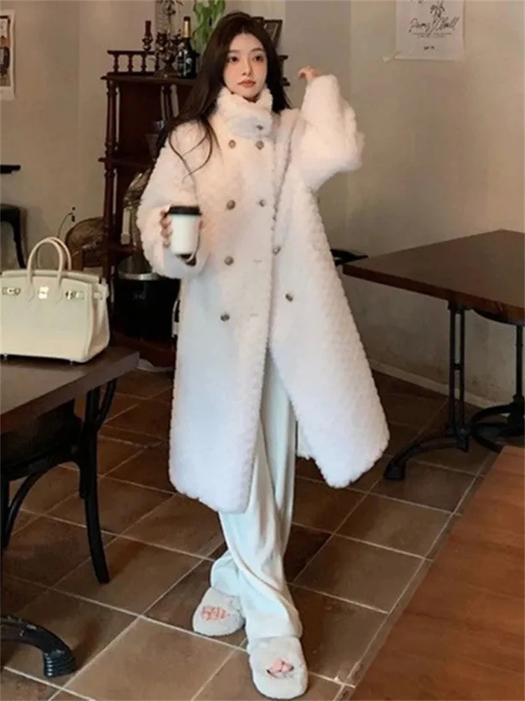 Winter Luxury Lambwool Faux Fur Jackets Women Warm Thicken Coats Korean Double Breasted Overcoat Mid-length Furry Chaquetas