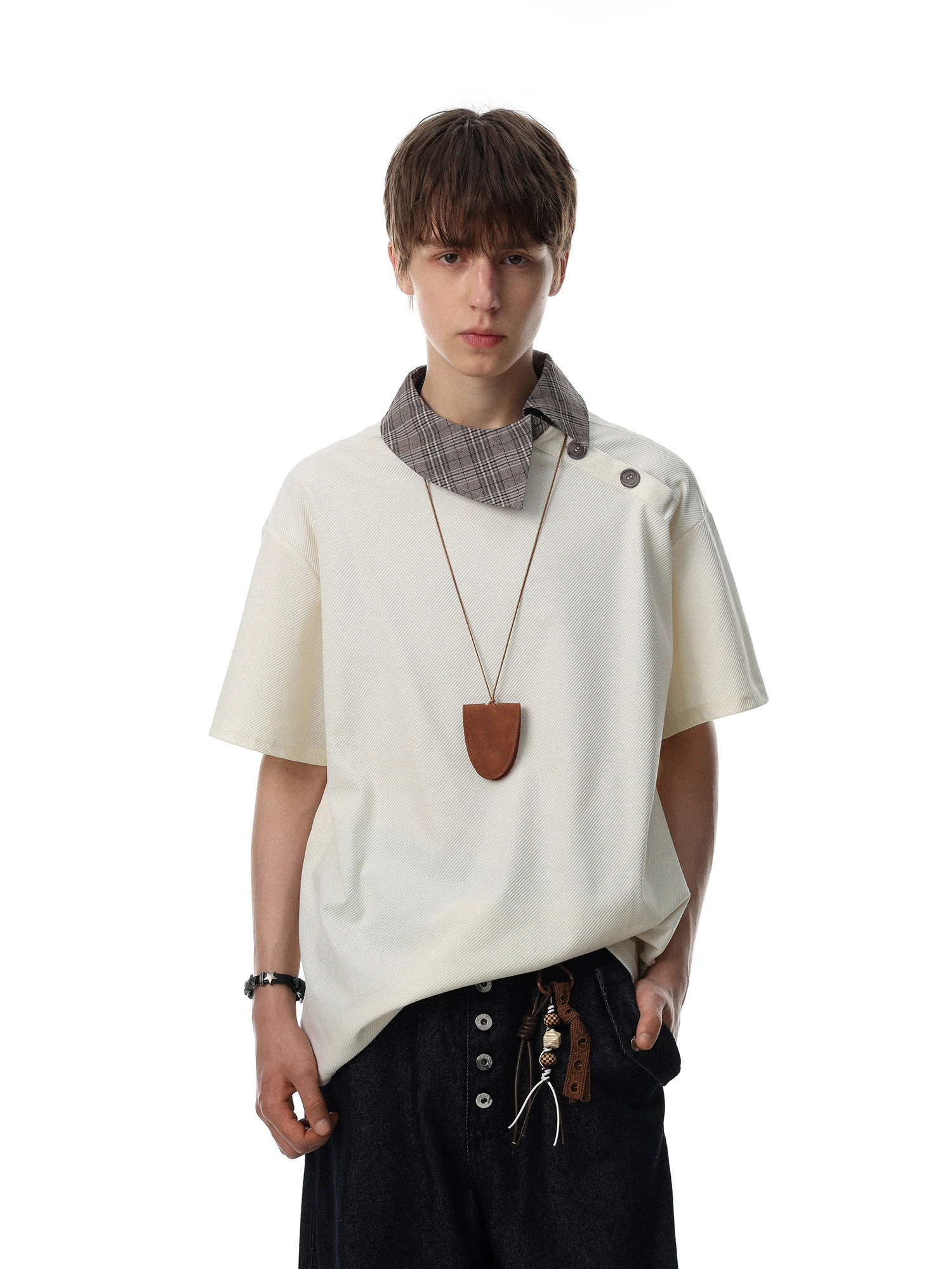 Loose Fit Men's Short Sleeve  Shirt Contrast Collar American Retro Plaid Pattern Breathable Moisture Wicking Single Button