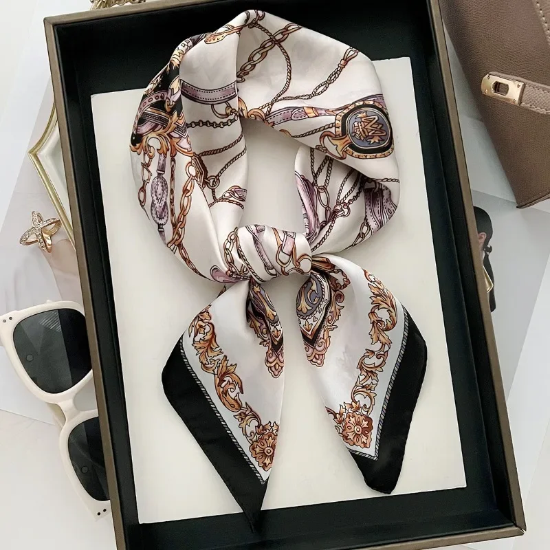70cm Retro British Chain Printed Silk Scarf Ring Chain Rope Scarves High-end and Versatile Temperament Headscarf Scarf Shawl