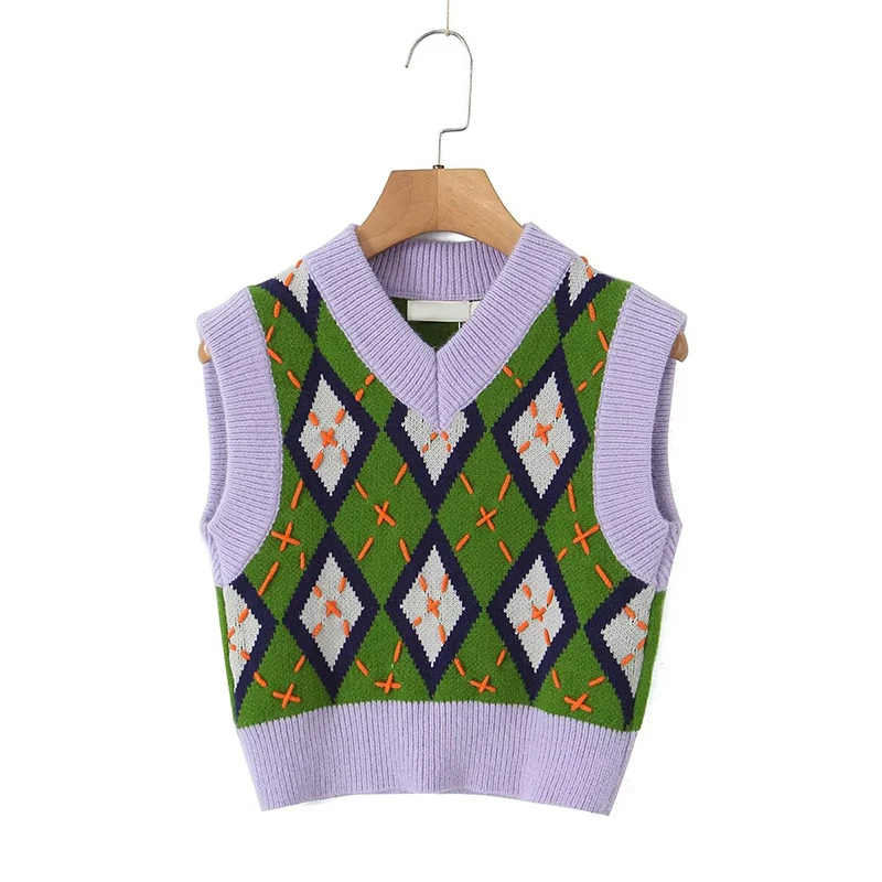 

New Women V Neck Sleeveless Argyle Crop Sweater Vest