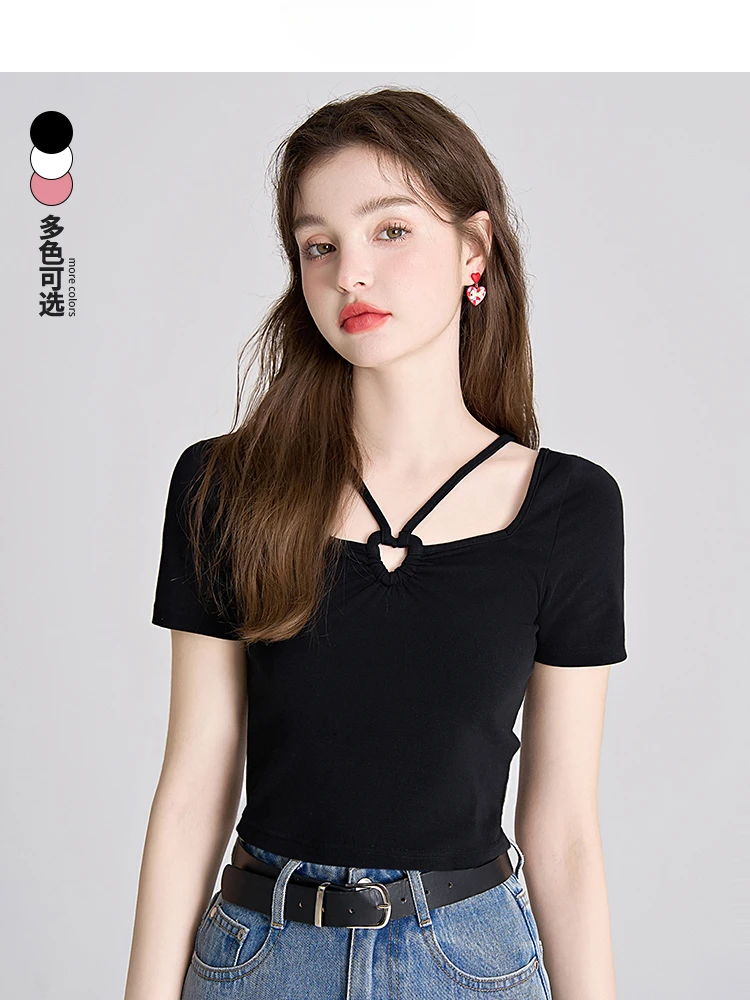 Black Short-Sleeved T-shirt Women's Cotton New Spring and Summer Design Square Collar Short Top Bottoming Shirt Slim Fit Fashion