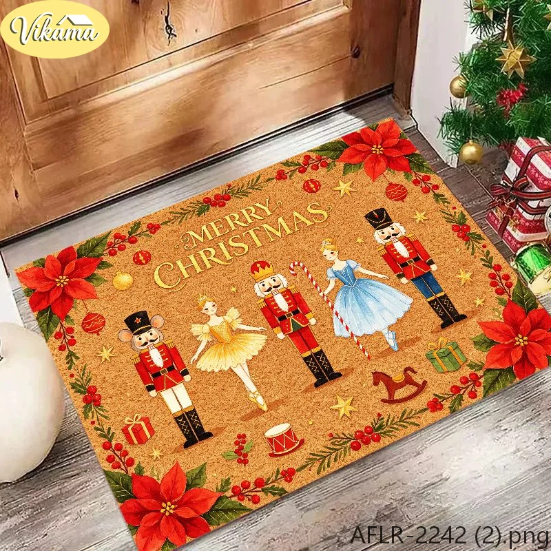VIKAMA Christmas Doormat Nutcracker Ballerina Poinsettia Sturdy Durable Door Mat for Outdoor Entrance Christmas Decor