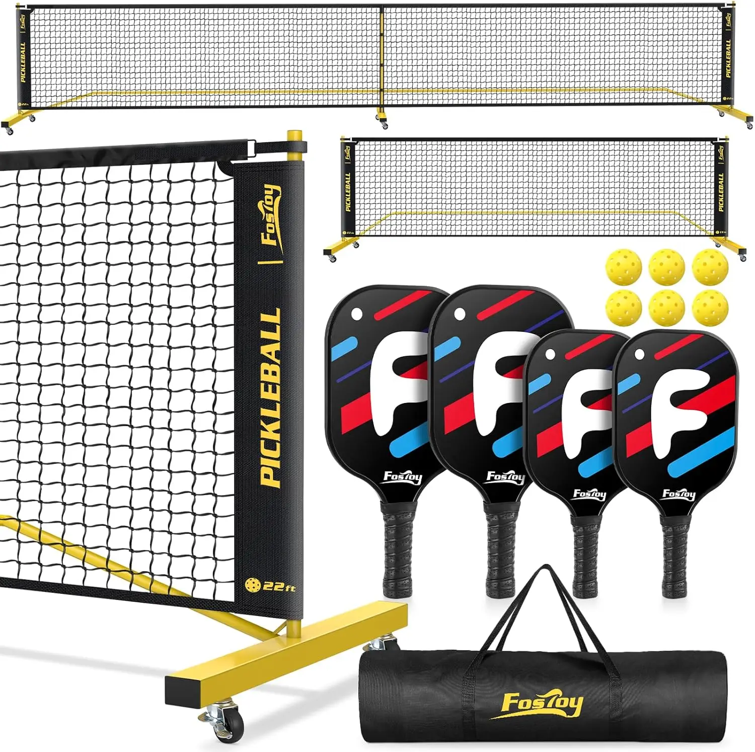 Net with Wheels, Pickleball Set with 4 Fiberglass Paddles & 6 Pickleballs, Carry Bag, for Backyards Driveways and Garages with a