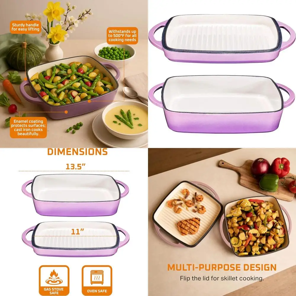 

Фиолетовая чугунная эмалированная кастрюля-духовка 2-в-1 с ручками, набор для запекания и тушения, для использования в духовке, с крышкой