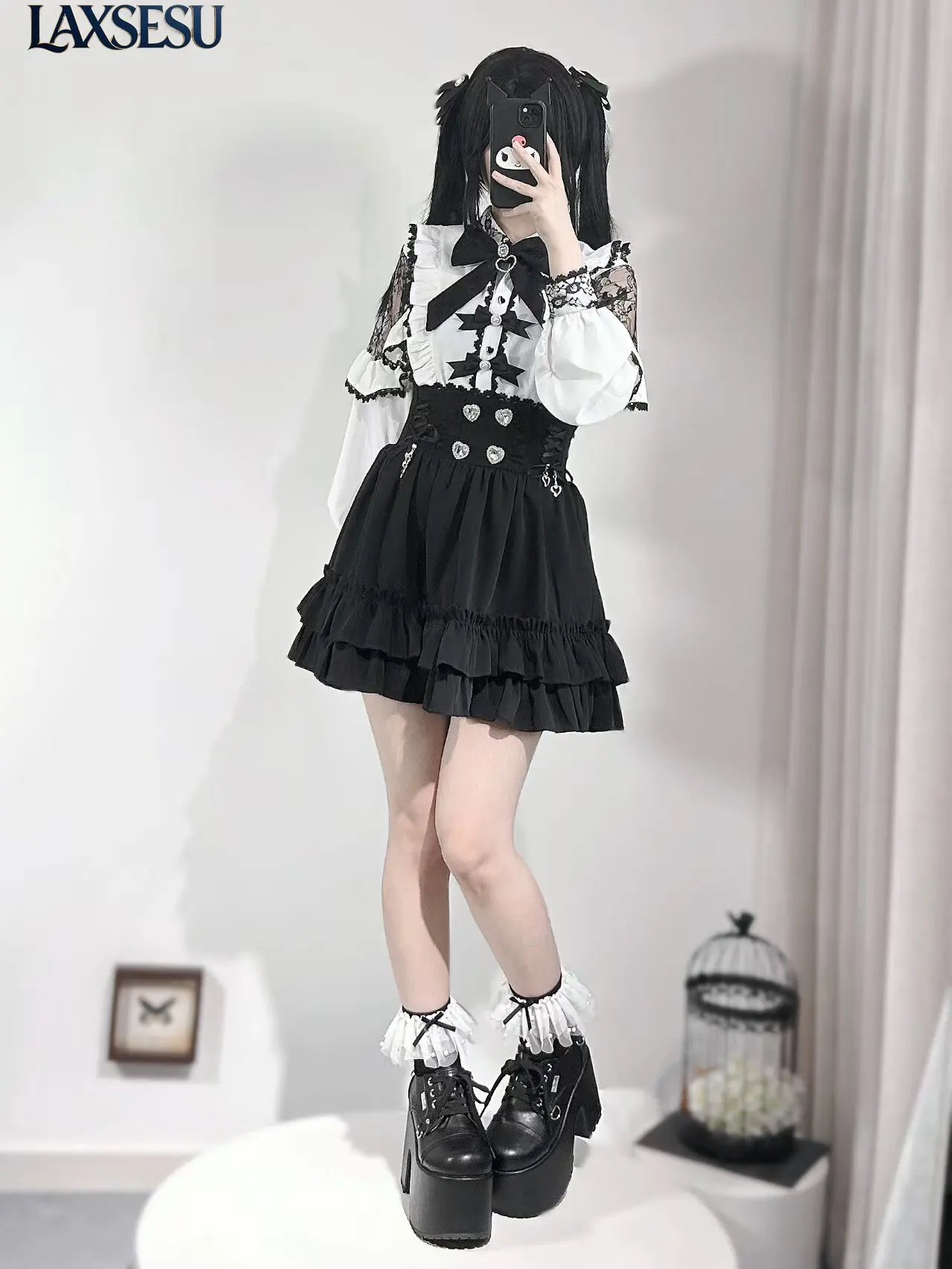 Original New Mass-produced Sweet Lolita Japanese Half Skirt Lace Waist Slimming Black Short Skirts for Women Kawaii Skirt