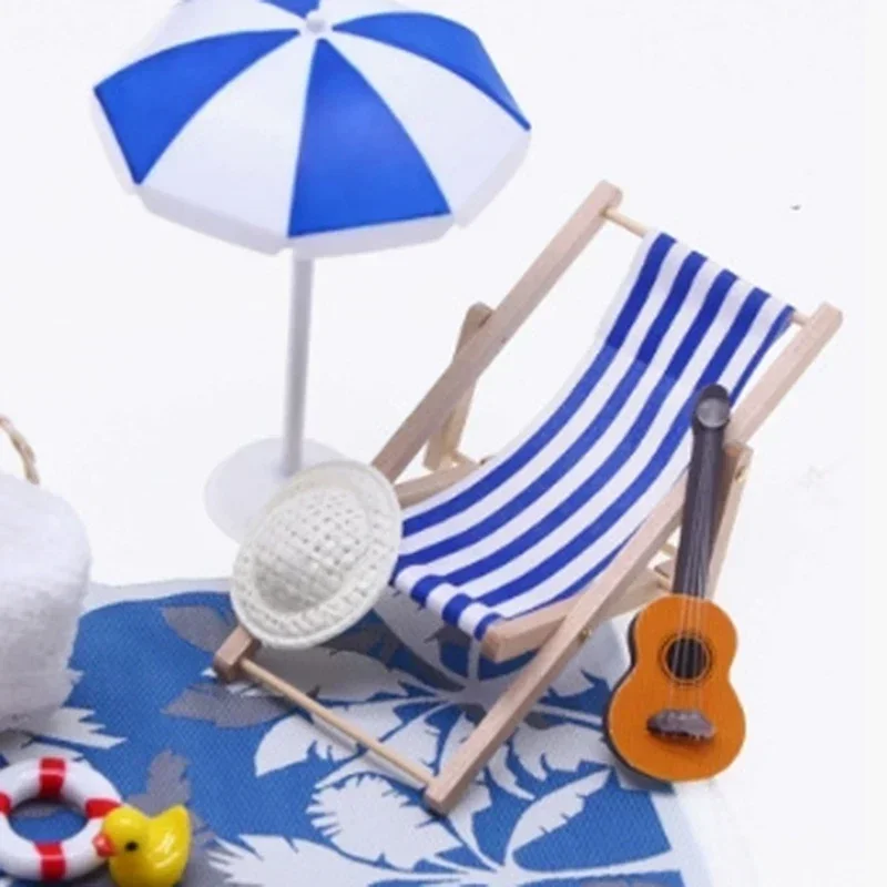 1 Set Dollhouse Mini Sunshade Umbrella Deckchairs Fairy Garden Decoration Summer Beach Micro Landscape DIY Accessories