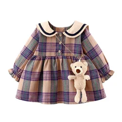 Girl's Long-sleeved Navy Plaid Dress Pleated Skirt Spring School Clothing Trends Girls Autumn Casual Dresses