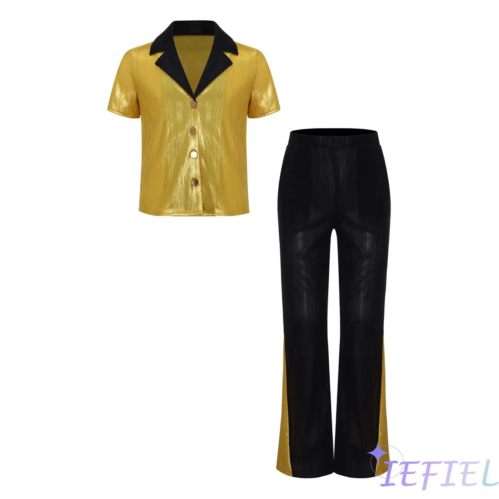 

Kids Boys 60s 70s Party Disco Costume Turn-Down Collar Short Sleeve Front Buttons And Flare Pants for Stage Performance Dance