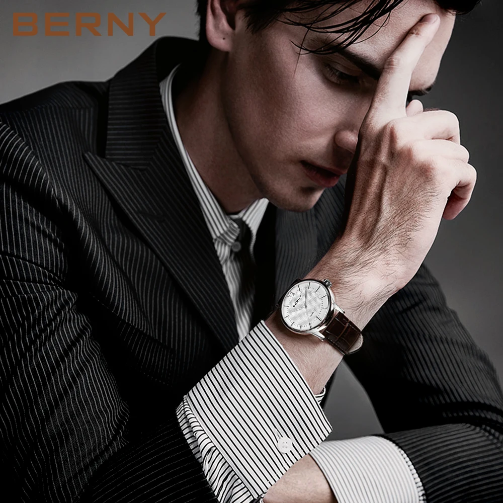 BERNY Men Quartz Watch Waterproof Miyota 2035 Movement Genuine Leather Buckle Luxury Top Brand Bussiness Fashion Watch for Men