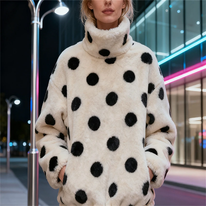 Dámská bílá puntíkovaná fleecová bunda - vysoký límec se stahovacím lemem, plyšový kabát na podzim a zimu pro volný čas - náhled 6