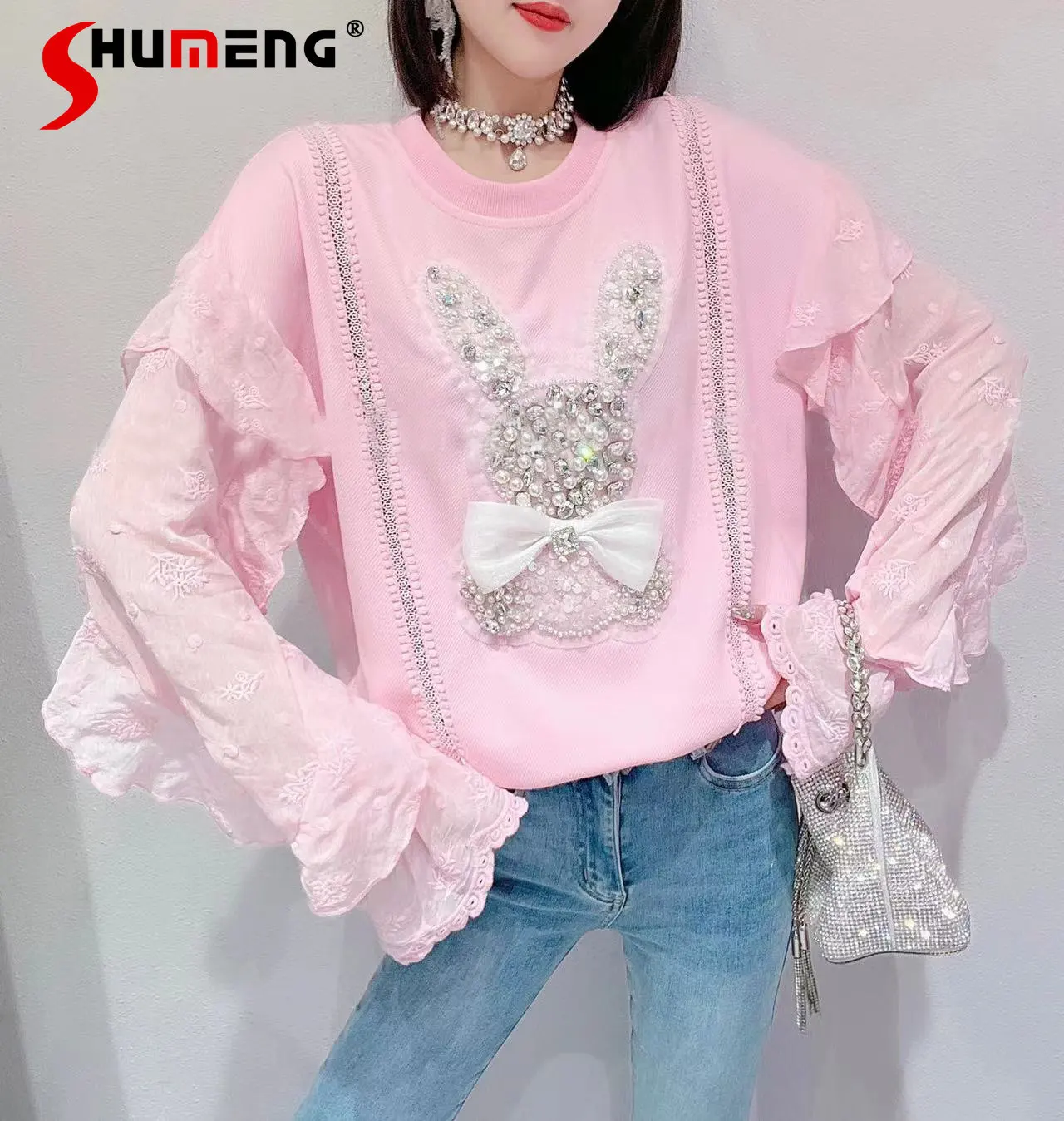 2023 Spring and Summer New Heavy Industry Beads Bow Cartoon Lace Ruffle Sleeve Loose Hoodies Pullover Long Sleeve Sweatshirt