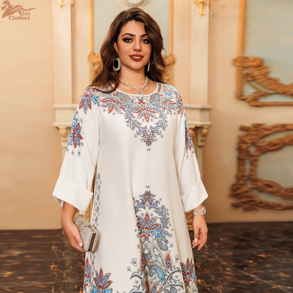 Uni Fashion قفطان عباية دبي إسلامي مطرز بالخرز والألماس طباعة زهور رقبة دائرية وأكمام طويلة فستان إسلامي طويل فضفاض