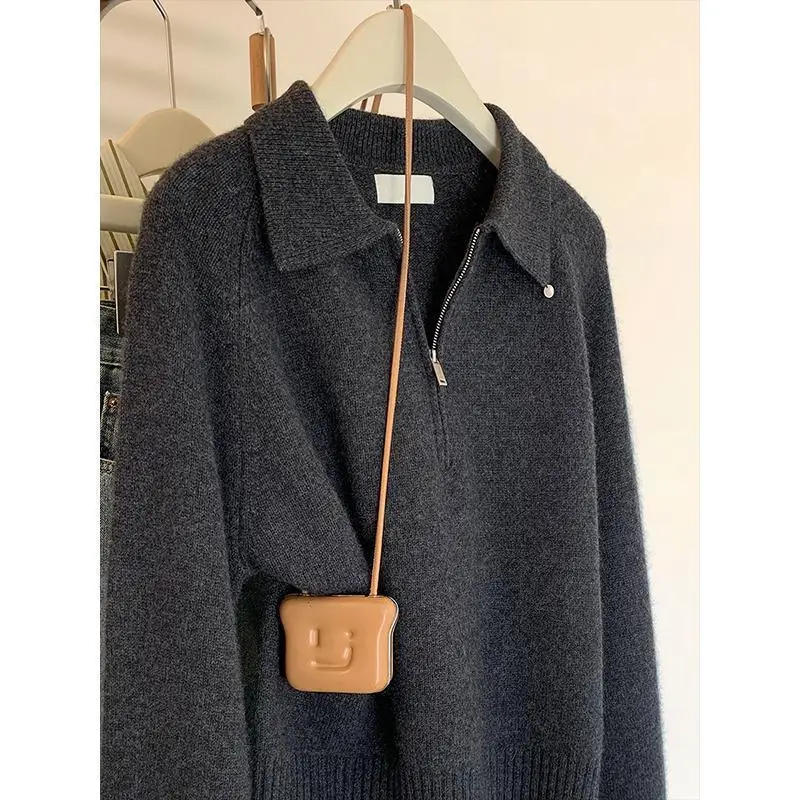 

FRAYA LAB женский темно-серый свитер с воротником-поло на молнии, женский осенне-зимний свитер 2025, новый маленький свитер с лацканами, топ Y2k Fashion