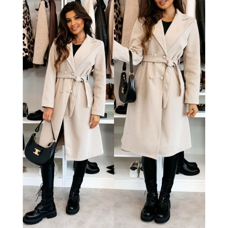 Women's Woolen Coat Autumn Winter Vintage Elegant Double Breasted Trench Coat Women Brown Long Sleeved Midi Windbreaker Jacket