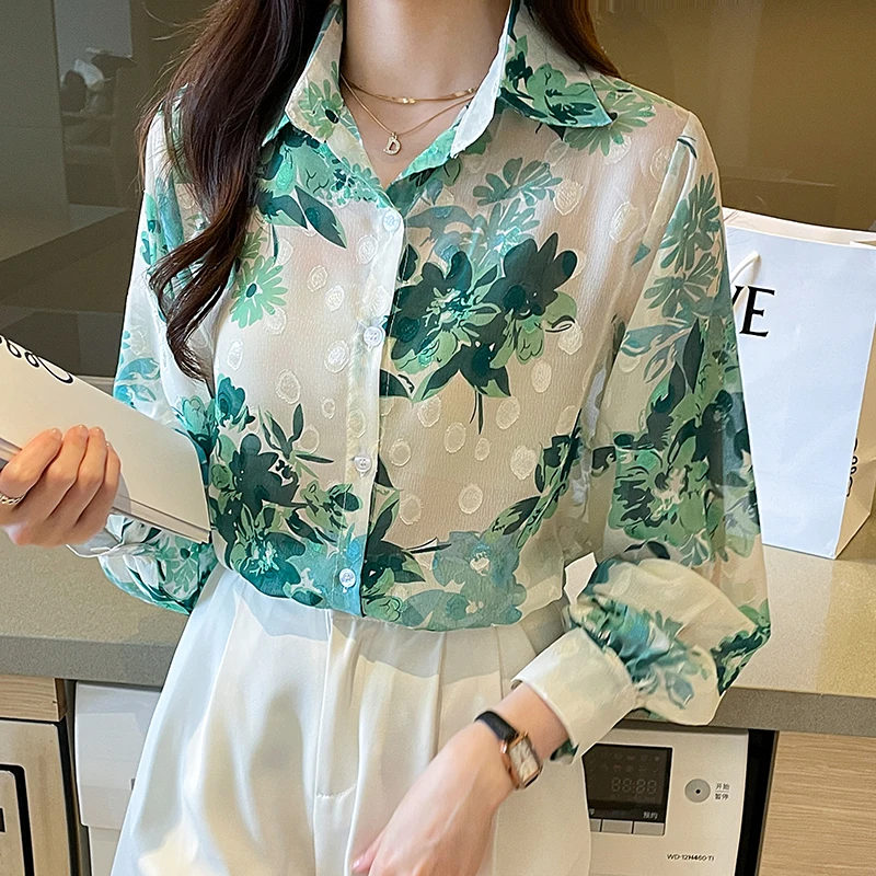 Women Spring Korean Loose Fashion Printing Appear Thin Polo-Neck Long Sleeve Shirts Women Clothes Casual All-match Elegant Tops