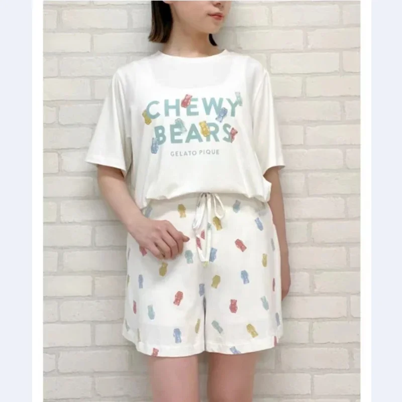 Pajama Room Wear Women\'s Pajamas Sleepwear Summer Short Sleeve T-shirt Trousers Shorts Loungewear Women COTTON