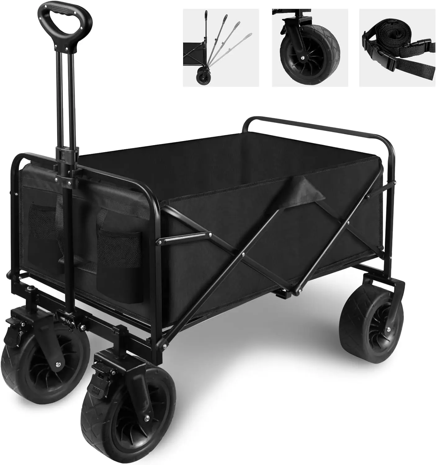 Black Collapsible Folding Wagon, Outdoor Utility with Wheels/Adjustable Handle for Camping, Garden, Sports, Picnic and Shopping