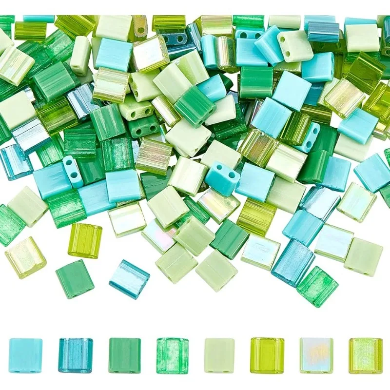 240 Pcs 8 Colors Green Tila Beads 5 * 5mm Glass Seed Beads Rectangle Loose Beads for Christmas Jewelry Design Necklace