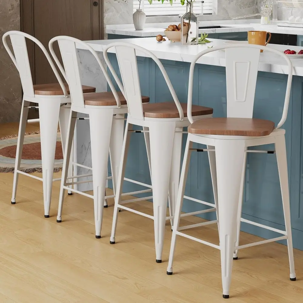 24" Swivel Metal Bar Stools Set o 4 High Back Counter Height Barstools Industrial Dining Bar Chairs with Large Wooden Seat-White