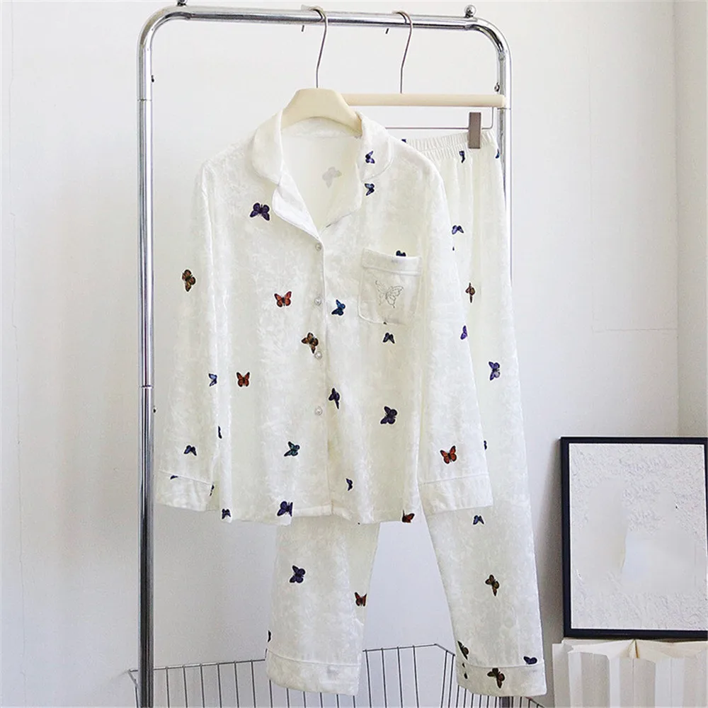 

Autumn Winter Velvet 2PCS Pajamas Set Sexy Butterfly Print Sleepwear Pijamas Suit Loose Casual Velour Home Clothes Pyjamas